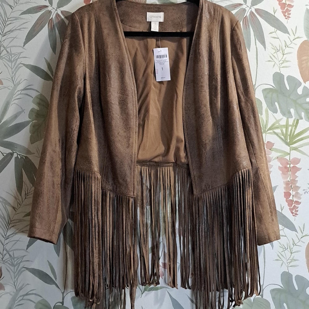 Chicos Fringed Faux Suede Open Jacket in Light Brown